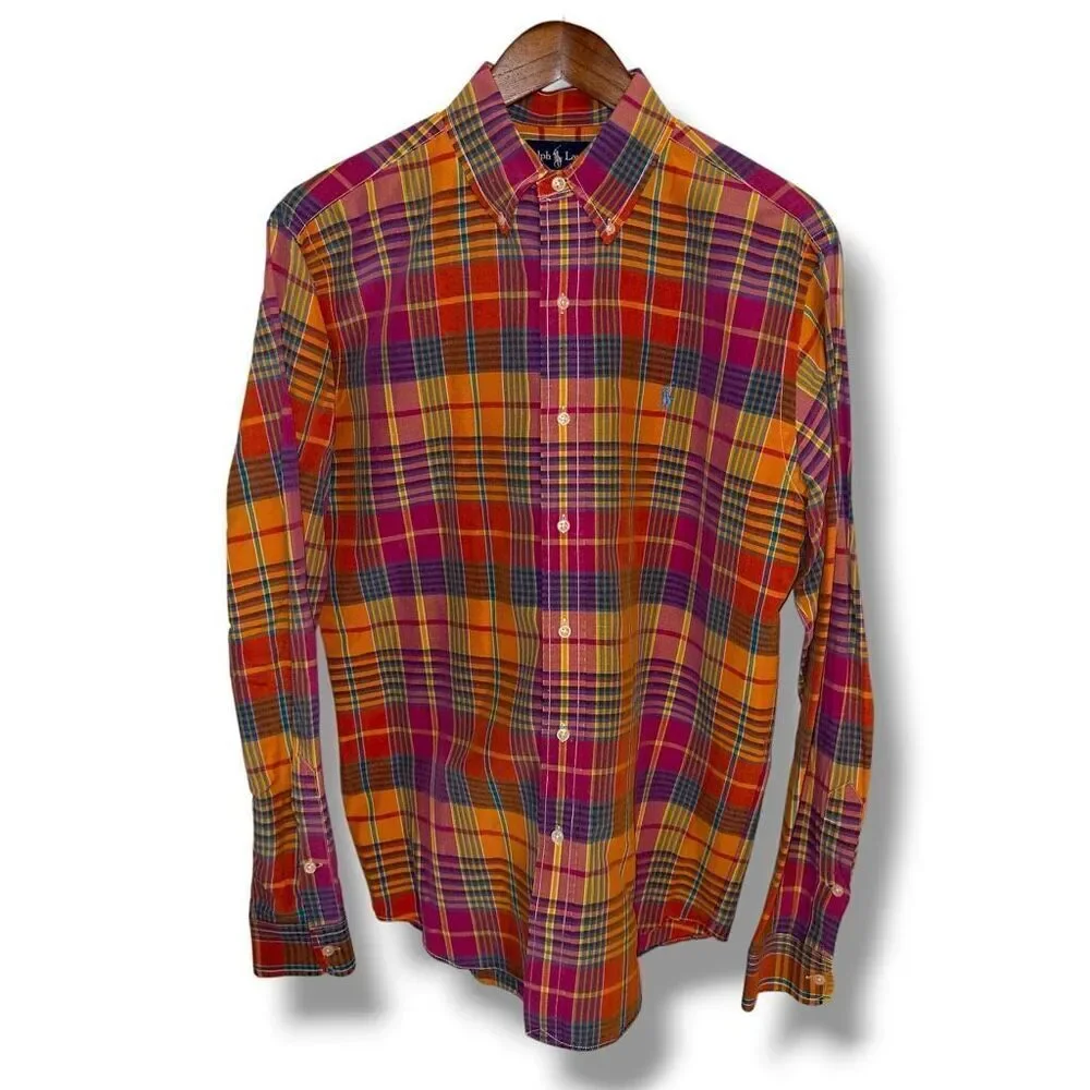 Polo Ralph Lauren Orange & Pink Linen & Silk Madras Button Down Shirt Sz M